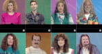 A grid of eight individual portraits of people from the 1980s or 1990s, each set against a solid-colored background.