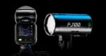 A Westcott FJ100M camera-mounted flash trigger on the left and an FJ100 strobe light on the right against a black background.
