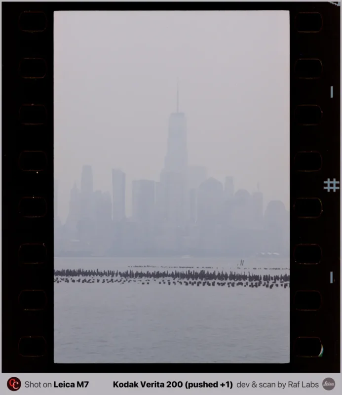 A film strip frame showing a hazy, monochromatic view of a city skyline across a body of water with wooden pilings in the foreground.
