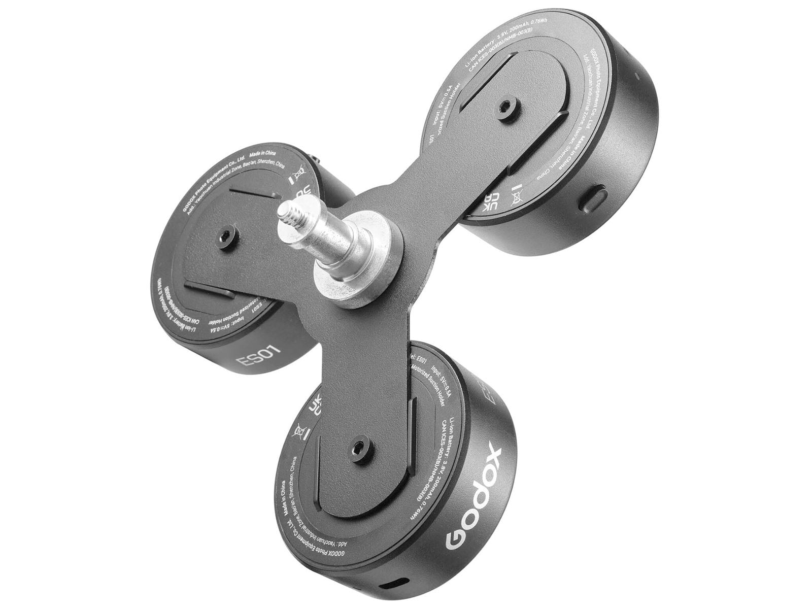 A Godox ES01 motorized suction holder featuring three circular suction units arranged in a triangular configuration around a central mounting screw.