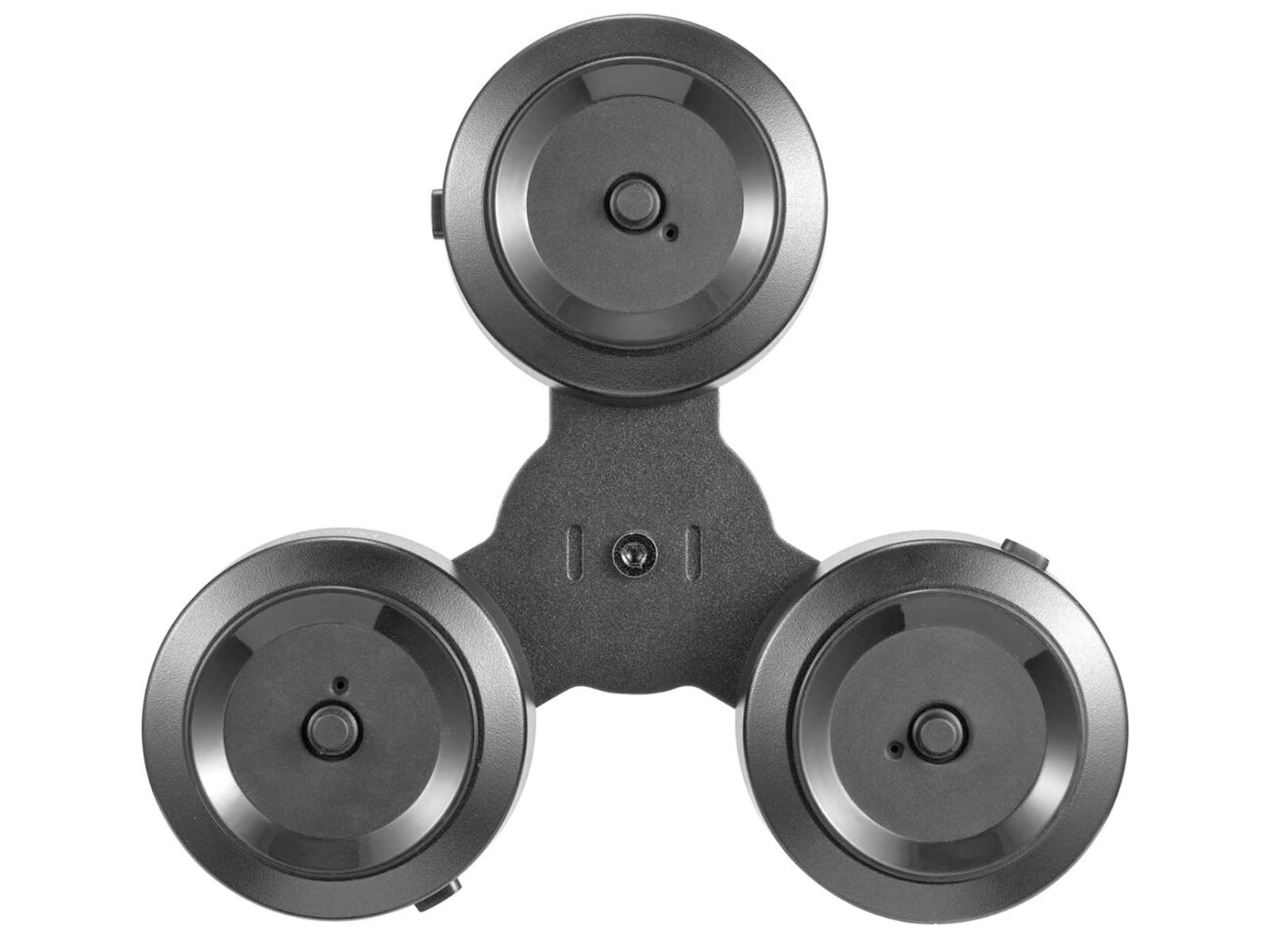 A black, three-armed fidget spinner device with circular, metallic-looking caps on each arm and a central pivot point.