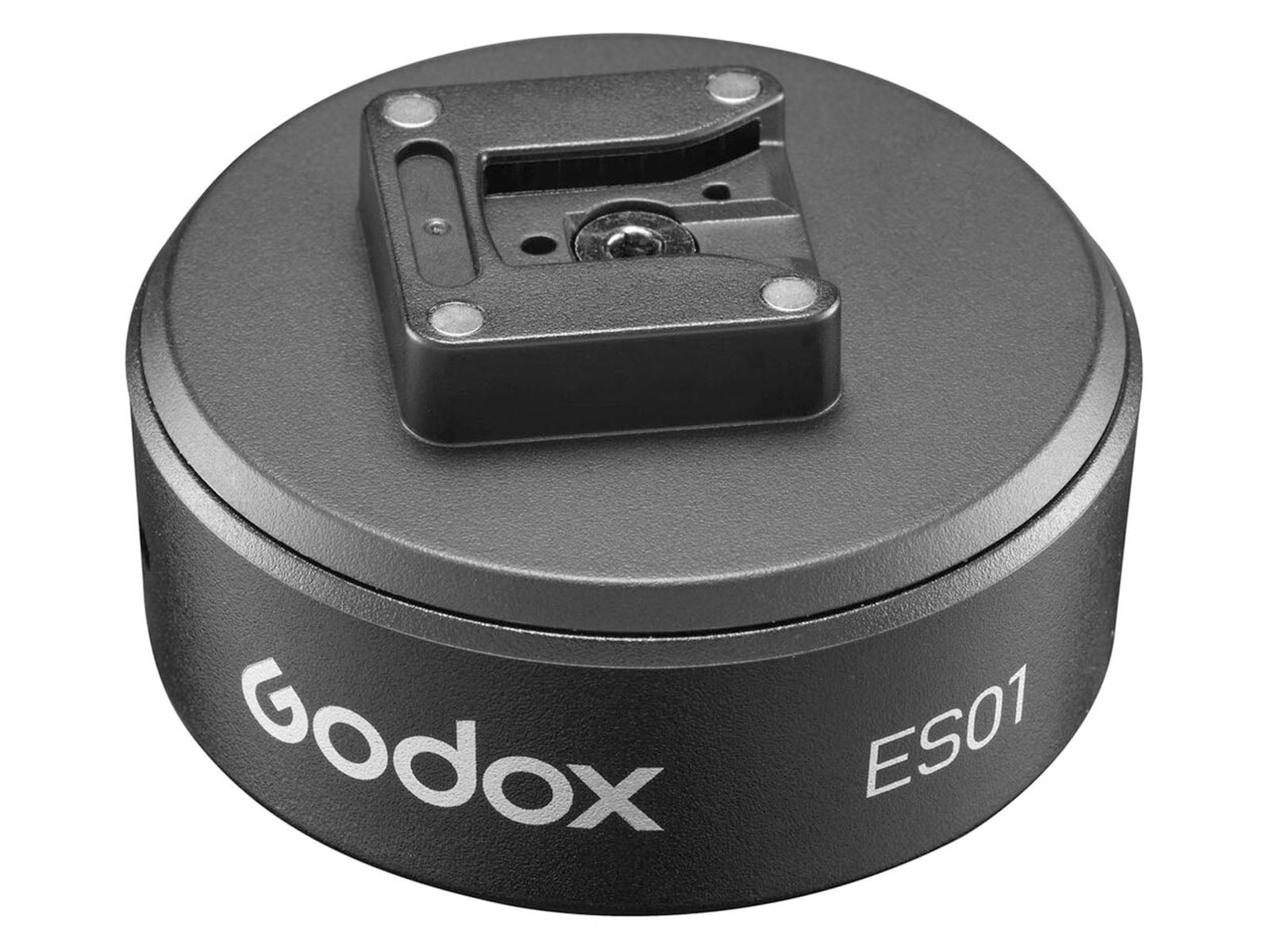 A black, circular Godox ES01 accessory with a cold shoe mount on top.