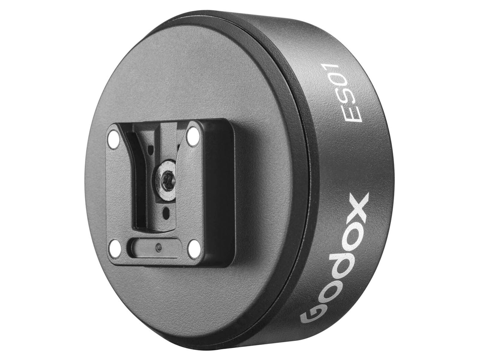 A round, black Godox ES01 accessory with a cold shoe mount attached to its center.