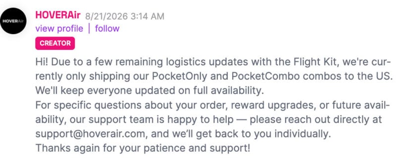A message from HOVERAir stating that due to logistics updates, only PocketOnly and PocketCombo kits are currently shipping to the US.