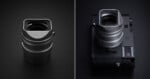 A silver camera lens with a rectangular hood is shown alone on the left, and attached to a black camera body on the right.