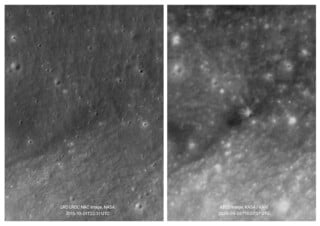 Side-by-side comparison of two lunar surface images, with the left labeled LRO LROC NAC and the right labeled KPLO.
