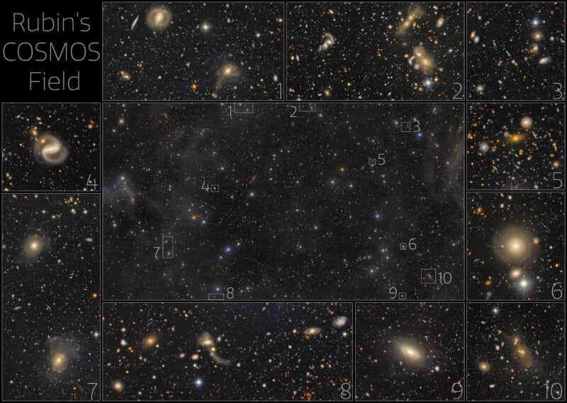 A collage of ten deep-space galaxy clusters from the COSMOS field, with a central map showing the location of each numbered inset.