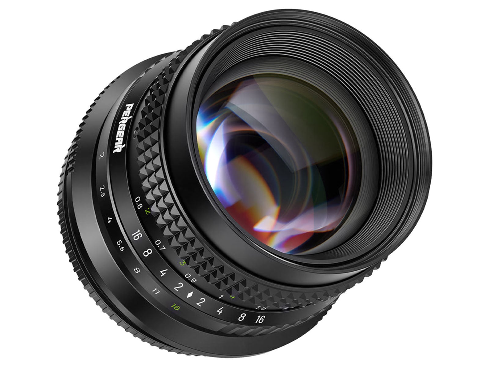 A black Pergear camera lens shown at an angle, featuring a textured focus ring, aperture markings, and a large front glass element with visible reflections.