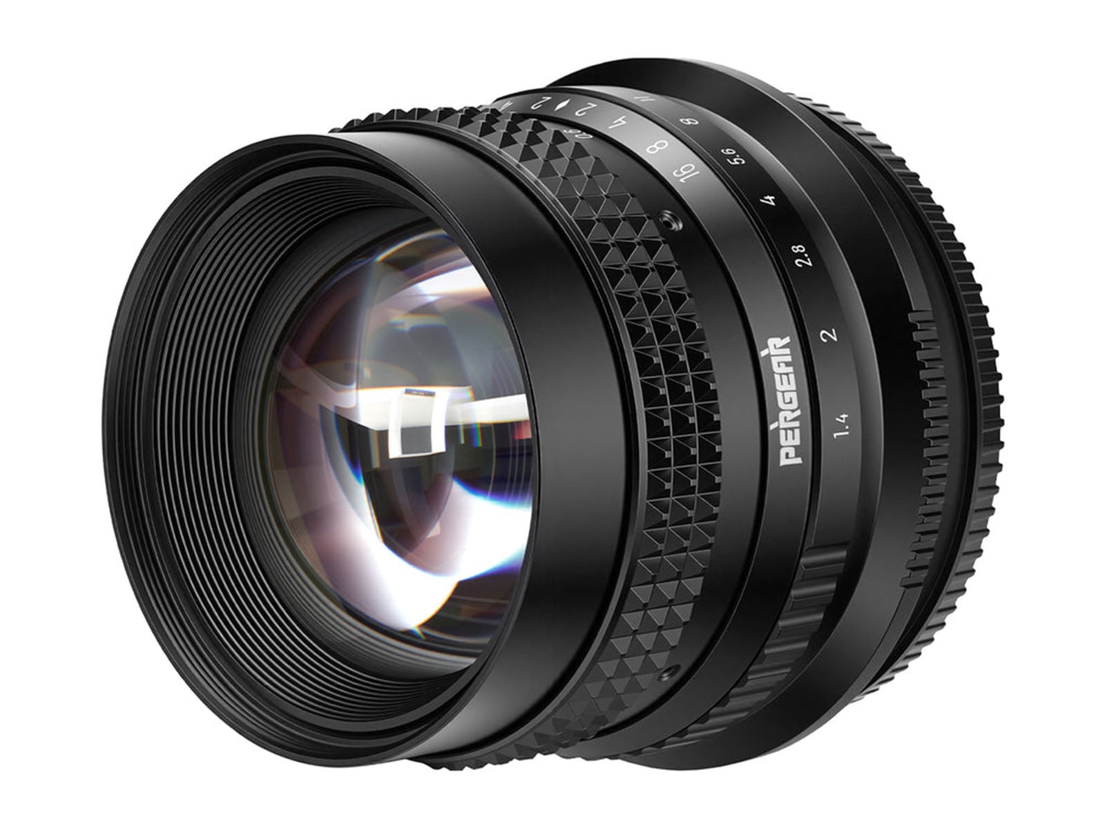 A black Pergear camera lens with a knurled focus ring and aperture markings ranging from 1.4 to 16, shown against a white background.
