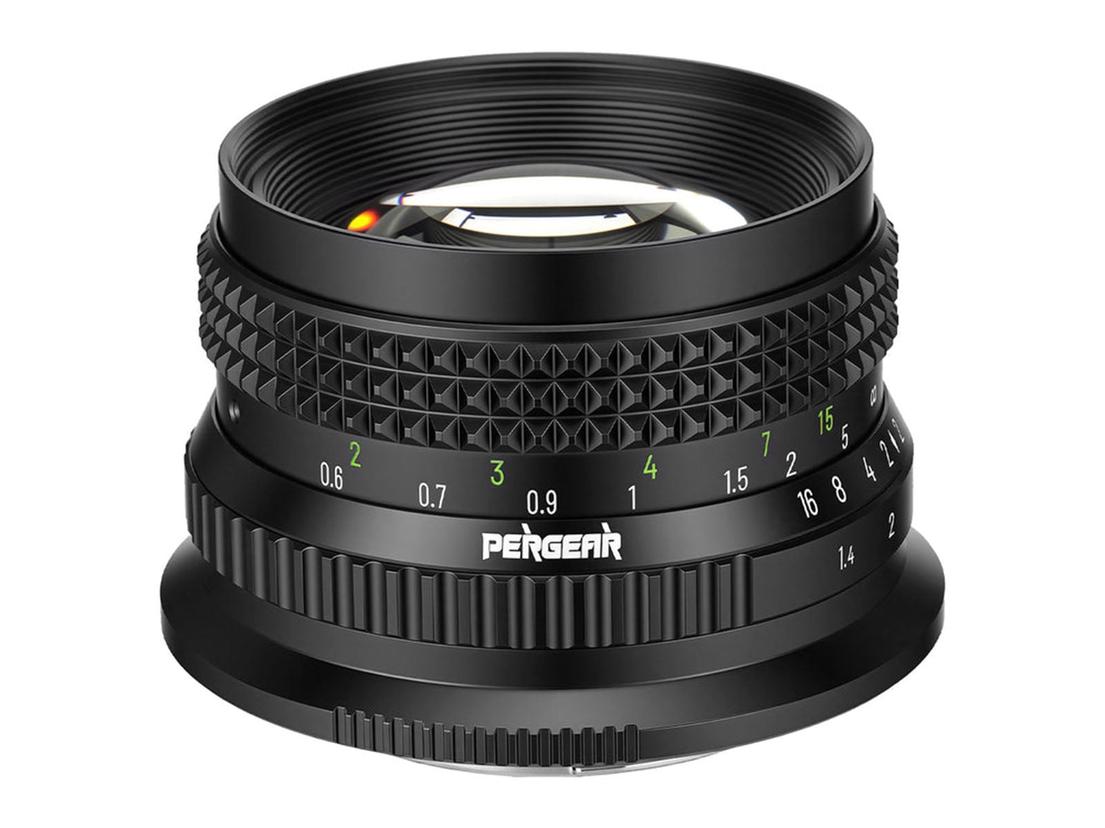 A black Pergear camera lens with manual focus and aperture rings, featuring white and green distance and f-stop markings.