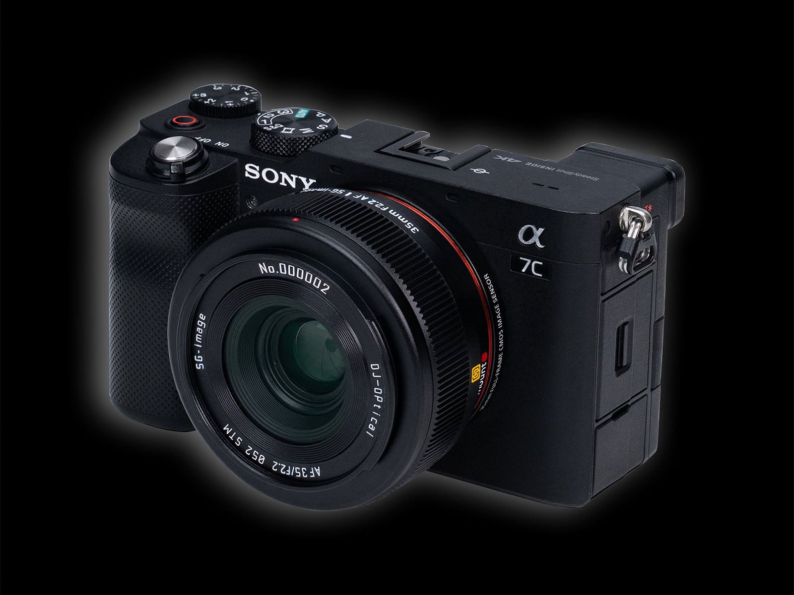 A black Sony Alpha 7C mirrorless camera with a 5G-image 35mm F2.2 lens attached, set against a black background.