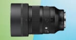 A black Sigma 85mm 1:1.2 DG lens is shown against a split green and blue background.