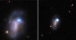 Two side-by-side images show distant, irregularly shaped galaxies with bright, glowing blue cores against a dark space background.