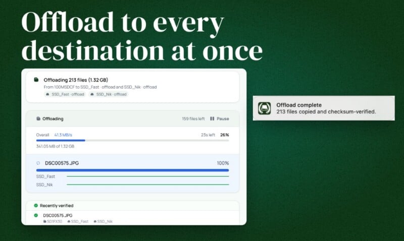 A software interface showing a file offloading process to two destinations simultaneously, with a notification of completion.