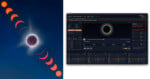 A composite image shows a solar eclipse sequence on the left and a computer screen displaying eclipse planning software on the right.