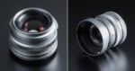 Two silver Voigtlander Nokton camera lenses are displayed against a dark background, one shown from the front and the other from a side angle with a lens hood attached.