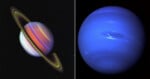 A side-by-side view of Saturn with its prominent rings on the left and the blue planet Neptune on the right.