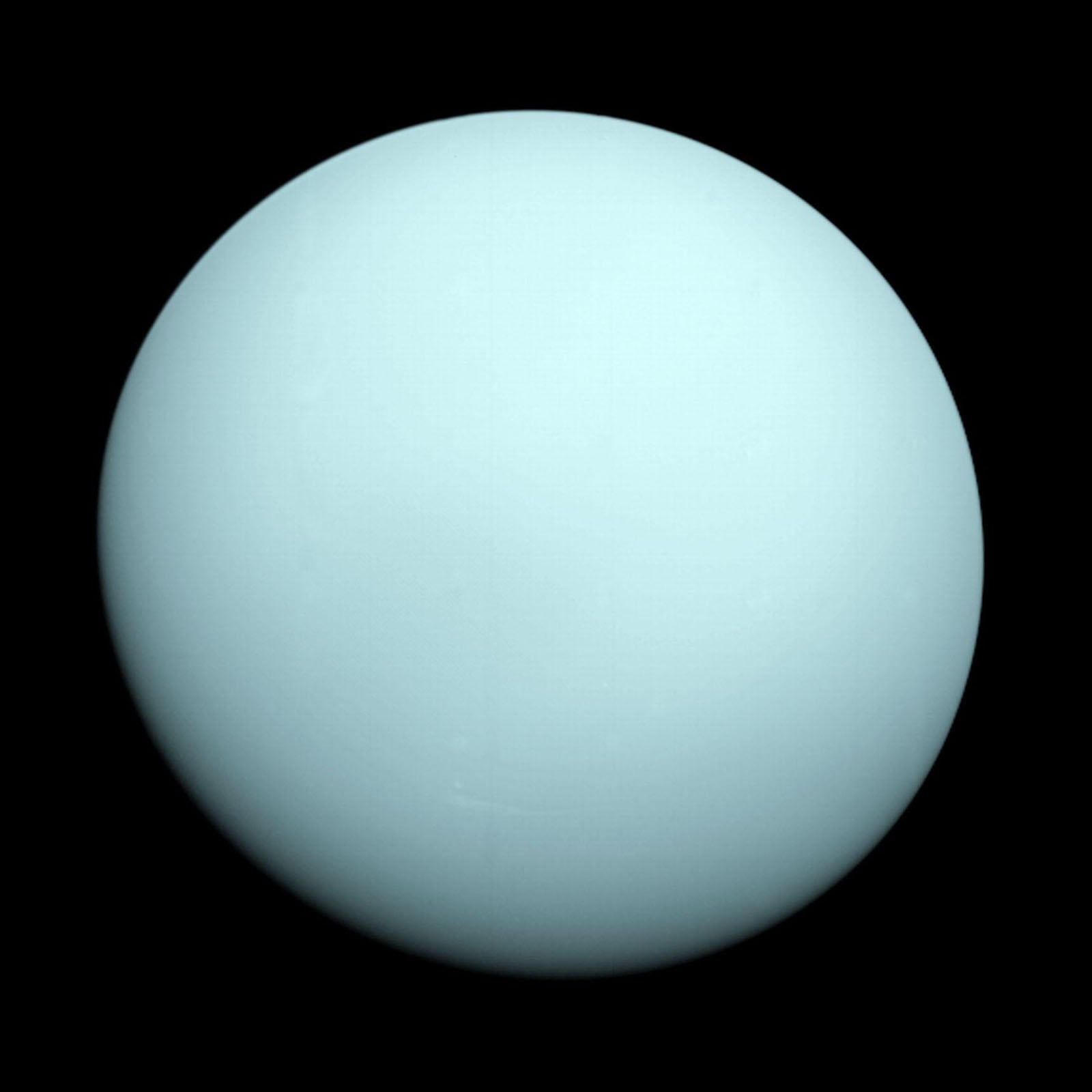 A smooth, pale cyan sphere representing the planet Uranus centered against a solid black background.