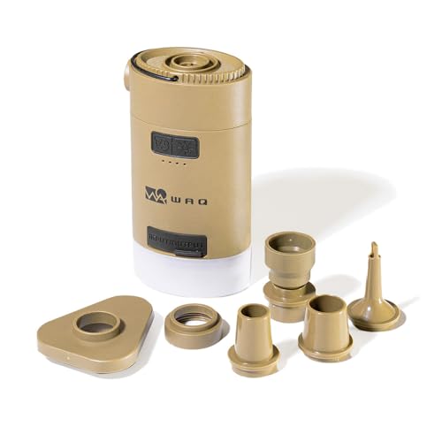 WAQ High Power Air Pump 電動ポンプ エアポンプ 電動 空気入れ アウトドア マット エアマット 圧縮袋 浮き輪 空気抜き LEDランタン USB 小型 大容量バッテリー 充電式 6種類のノズル付き (TAN)