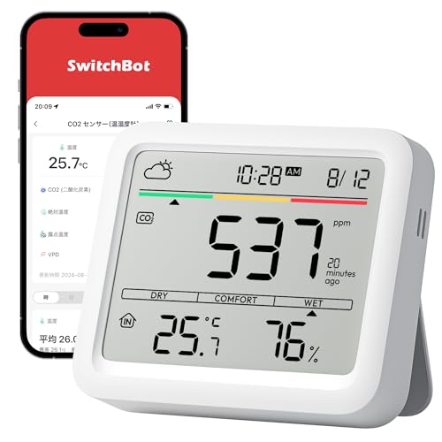 為您推薦：【夏季通風・中暑對策】SwitchBot CO2 感測器 二酸化碳素濃度計 溫濕度計 警報器 – SwitchBot 數位 大螢幕 高精度 CO2 測量儀 舒適指數 天氣預報 時鐘 桌面日曆 智慧型手機連動 警報通知 圖表記錄 智慧家庭 支援 Alexa Google Home Siri