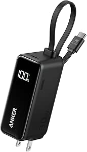 Anker Power Bank (30W, Fusion, Built-In USB-C 電纜)(5000mAh 22.5W輸出移動電源搭載30W輸出USB充電器)/搭載LED顯示屏/USB-C電纜一體型/插座一體式/摺疊式插頭 1臺3用 (黑色)
