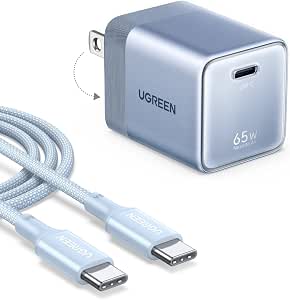 UGREEN Air 65W USB-C 超小型 GaN 快速充電器 摺疊插頭 33×31×40.4mm iPhone 17/16/15/14/13 MacBook Air iPad Galaxy Android 智慧手機 支援膝上型電腦 PSE 認證 支援充電電池 溫度控制 100W 帶USB-C電纜 藍色