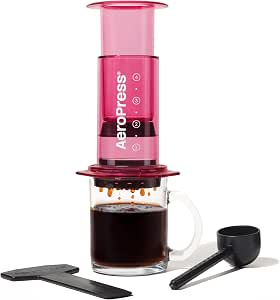 AeroPress 透明咖啡衝壓器 – 3合1的萃取方法 法式壓器 普羅伯 濃縮咖啡 全體咖啡 無沙子味 小型行動式咖啡機 露營或旅行用 粉色