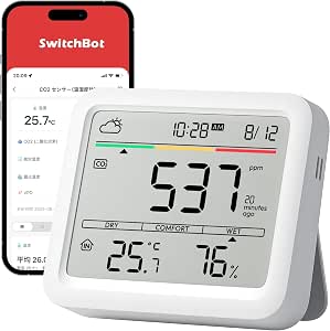 【冬季換氣和乾燥對策】SwitchBot CO2感測器 二氧化碳濃度計 溫溼度計 鬧鐘 SwitchBot 數字 大螢幕 高精度 CO2測量儀 舒適指數 天氣預報 時鐘 臺式 日曆 智慧手機聯動 警報提醒 圖表記錄 智慧家居 Alexa Google Home Siri適用