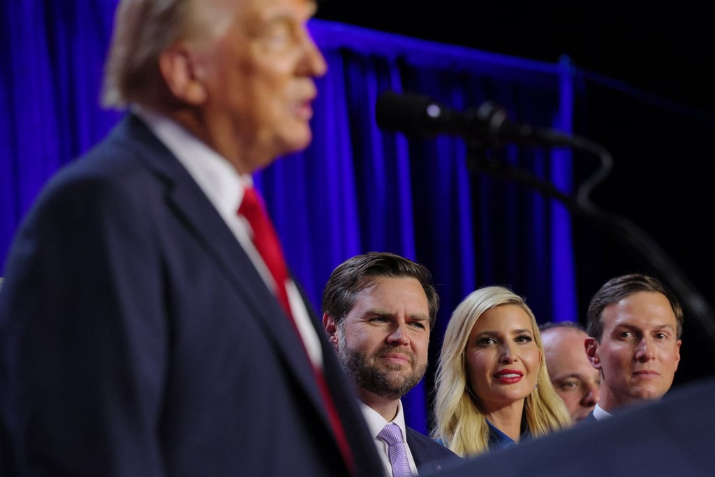 Republican vice-president elect JD Vance, Ivanka Trump and her husband Jared Kushner listen as Donald Trump speaks at his election night rally in West Palm Beach, Florida. Photo: Reuters