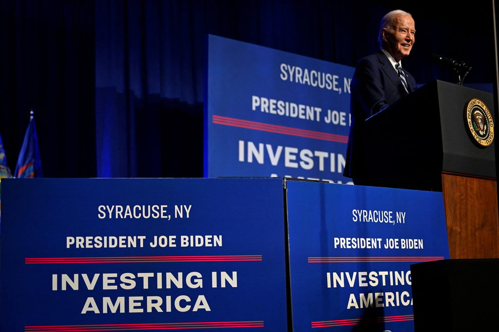 US President Joe Biden speaks in April 2024 in New York on how the Chips and Science Act and his “Investing in America” agenda are “growing the economy and creating jobs”. Biden touted and Congress passed the Act after semiconductor supplies ran short following Covid-19 lockdowns. Photo: TNS