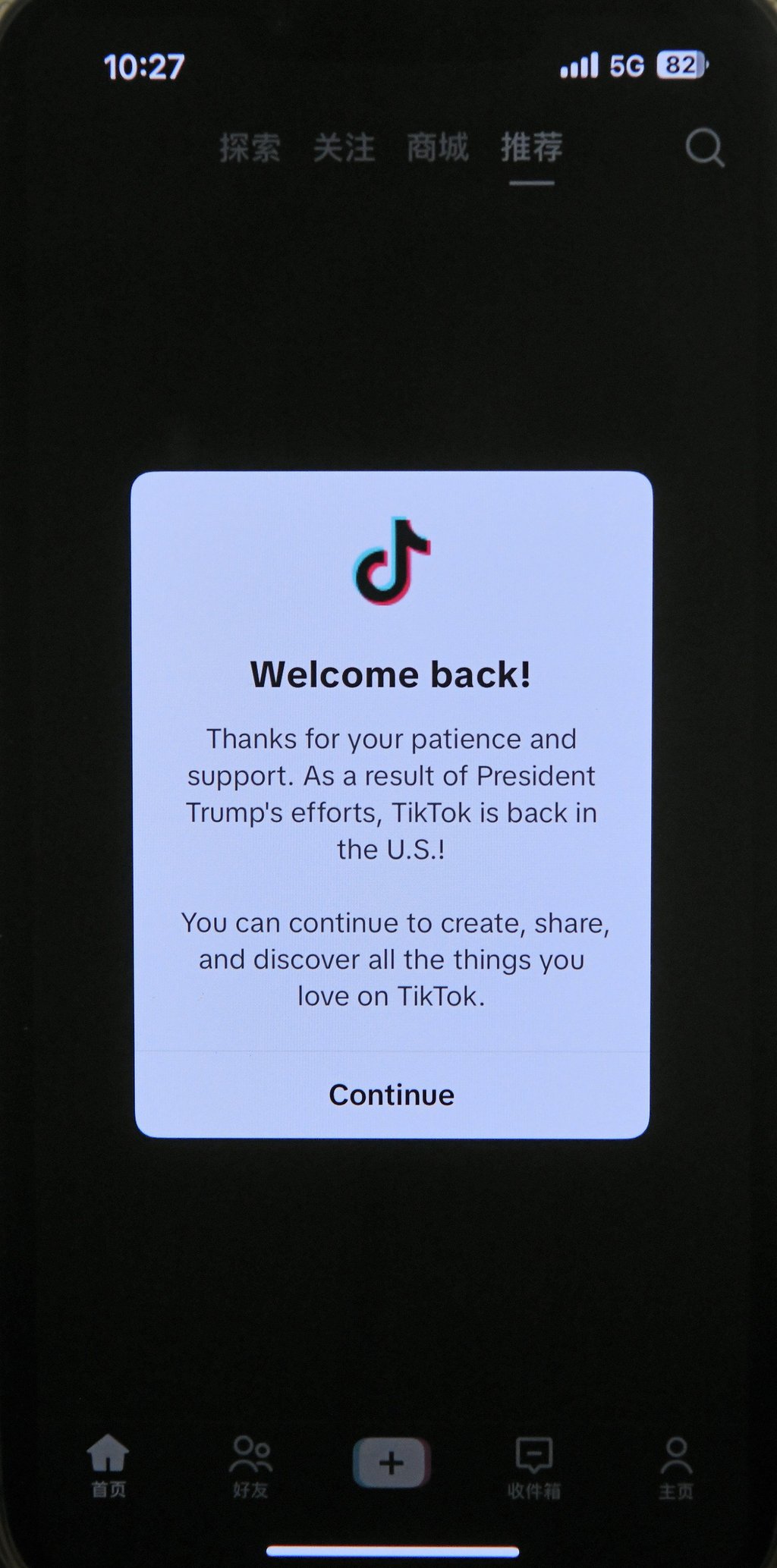 TikTok praised Donald Trump in a message to users upon resuming service in the US after a brief shutdown on Sunday that the company blamed on a law requiring ByteDance to divest the app. Photo: Xinhua