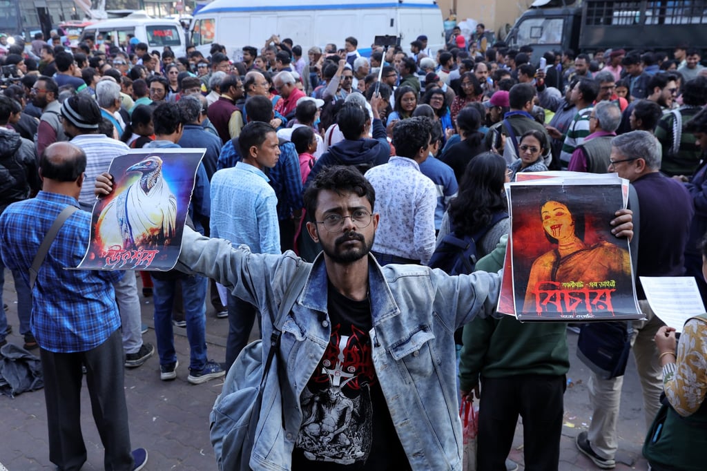 Activists outside the Sessions court in Sealdah, Kolkata on Saturday await the sentencing over the killing of the 31-year-old doctor last year while she was on duty at a hospital. Photo: EPA-EFE
