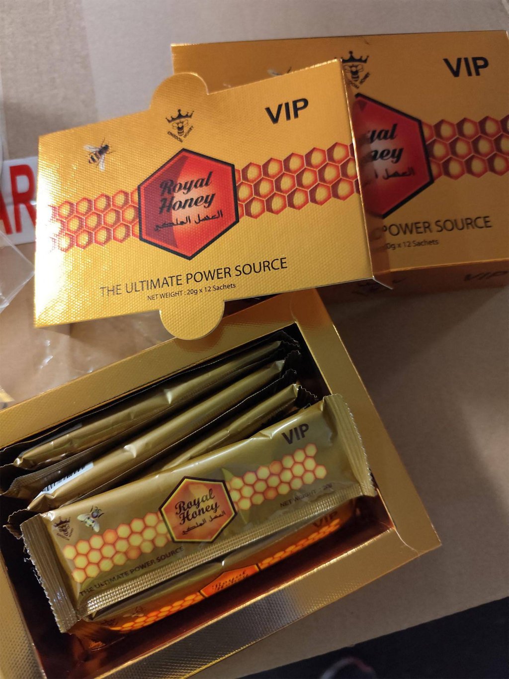 Packs of illegally imported “aphrodisiac honey” are seen at a French customs office. Photo: Douanes Francaises/AFP