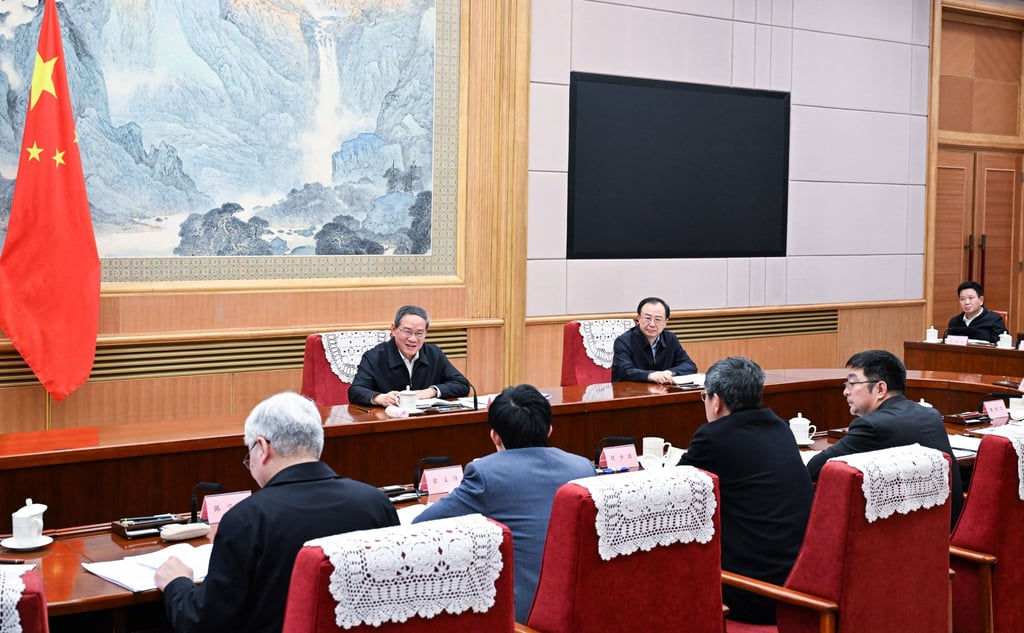 Chinese Premier Li Qiang, second from left, directly sits across DeepSeek founder Liang Wenfeng at Monday’s symposium in Beijing to hear the opinions and suggestions from industry experts – in the fields of technology, education, science, culture, health and sports – for a draft government work report. Photo: Xinhua