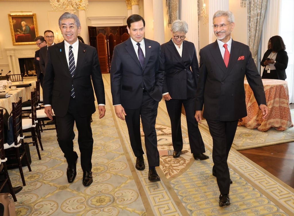 From left, Takeshi Iwaya, Japan’s foreign minister; US Secretary of State Marco Rubio; Penny Wong, Australia’s foreign minister; and Indian Foreign Minister Subrahmanyam Jaishankar in Washington on Tuesday. Photo: S Jaishankar via X