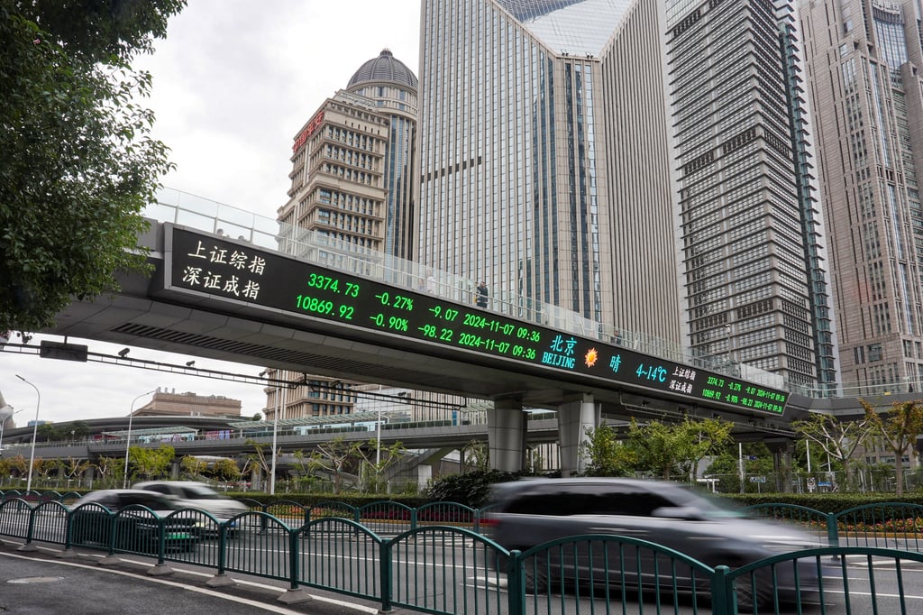 A pedestrian overpass with a display of stock information at the Lujiazui financial district in Shanghai. Photo: Reuters