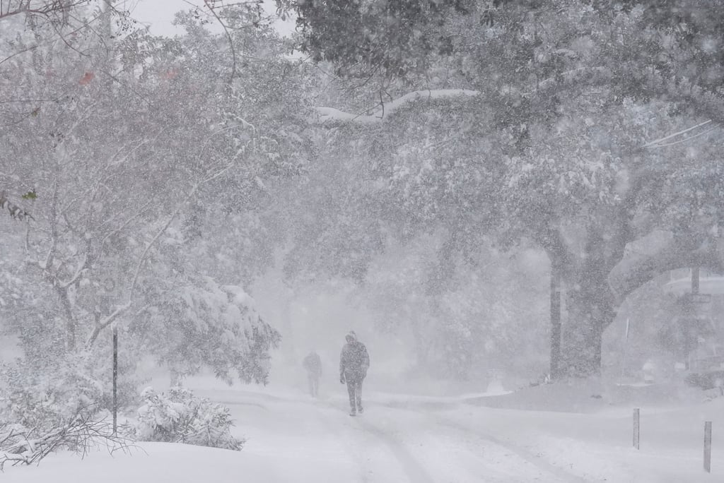 People walk as snow falls in New Orleans on Tuesday, Photo: AP