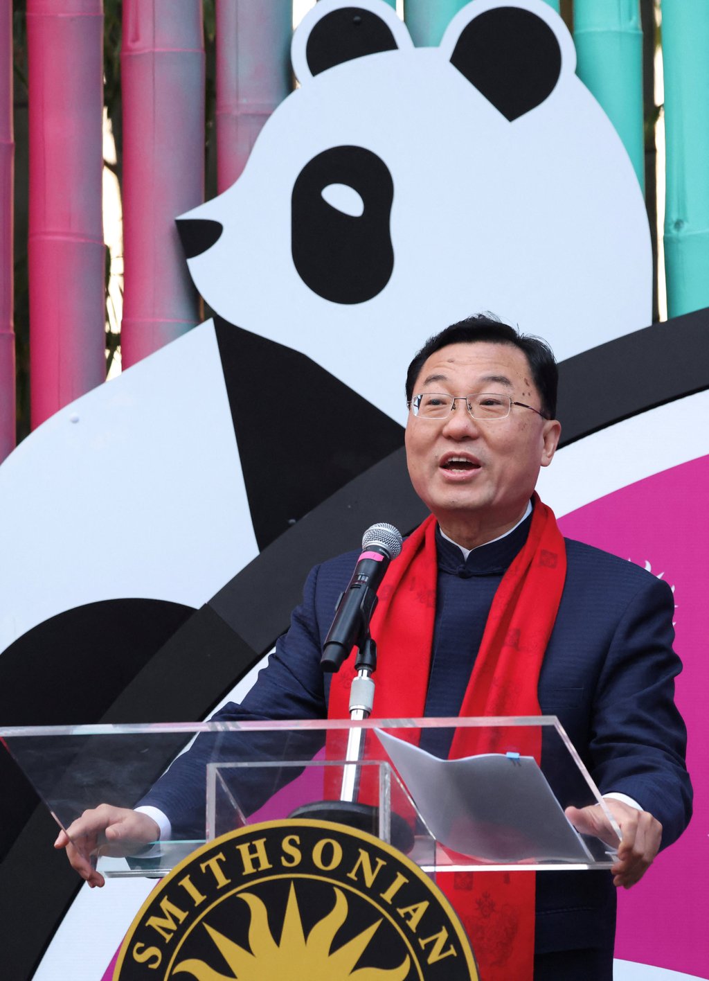 Chinese Ambassador to the US Xie Feng speaking at the pandas’ public debut at the National Zoo on Friday. Photo: Reuters