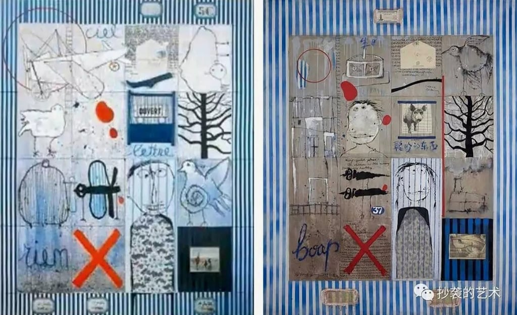 A 1990 artwork by Belgian painter Christian Silvain, left, and right, one by Chinese painter Ye Yongqing in 1994. Photo: weixin