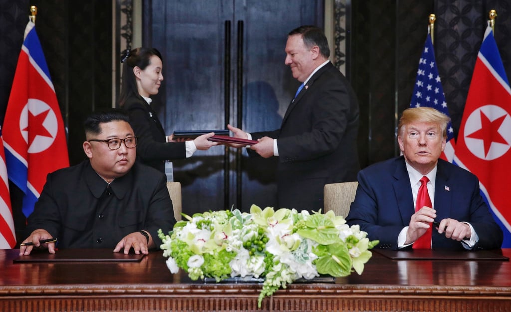 North Korean leader Kim Jong-un and US President Donald Trump at their first meeting at the Capella Hotel on Sentosa Island, Singapore, on June 12, 2018. Photo: EPA-EFE