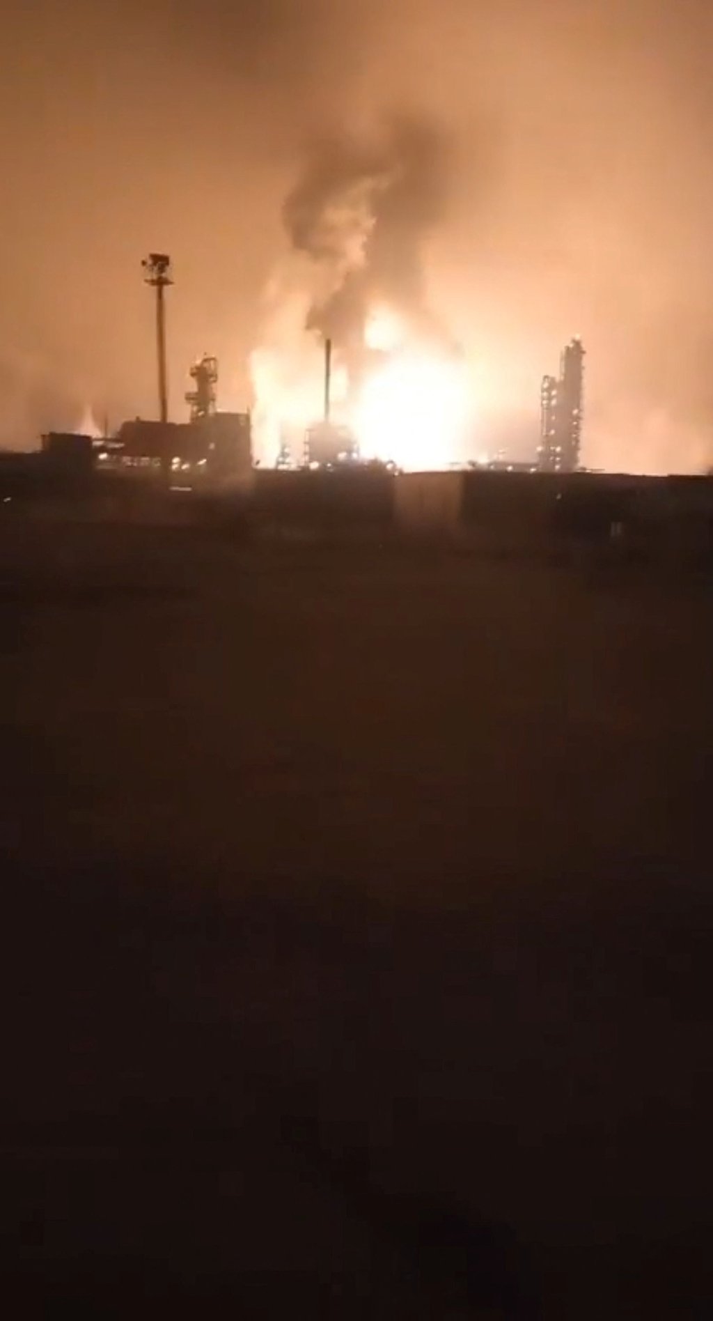 A fire triggered by Ukrainian drone strikes, according the local authorities, burns at a gas processing plant in Russia’s Astrakhan region, in this screengrab obtained from social media on February 3, 2025. Photo: via Reuters