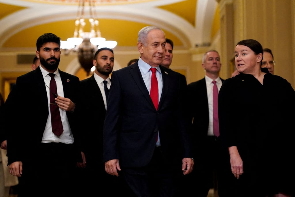 Israeli Prime Minister Benjamin Netanyahu in Washington on Thursday. The International Criminal Court has arrest warrants on him over his nation’s military campaign in Gaza. Photo: Reuters