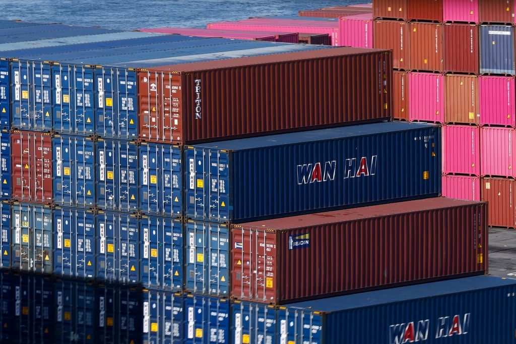 Wan Hai cargo containers are stacked at the Port of Los Angeles in Long Beach, California on February 3, 2025. Photo: EPA-EFE