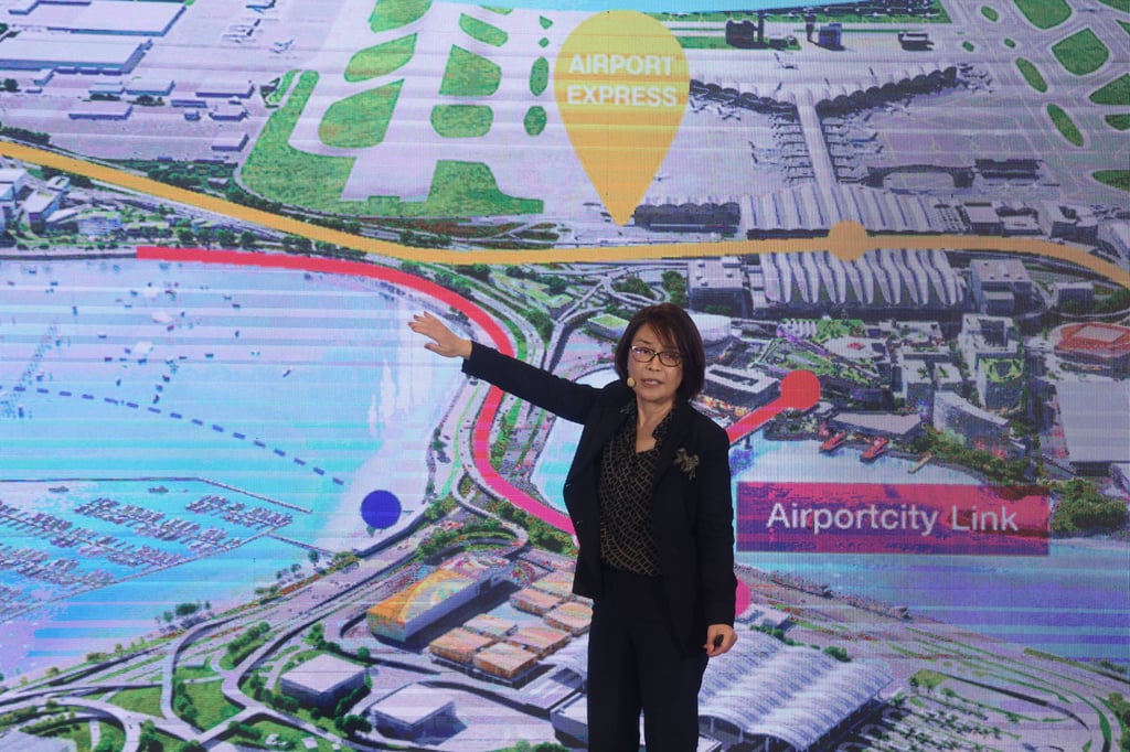 Airport Authority acting CEO and chief operating officer Vivian Cheung Kar-fay speaks at the unveiling of its “Airport City” vision for the Hong Kong International Airport, on January 16. Photo: Jonathan Wong