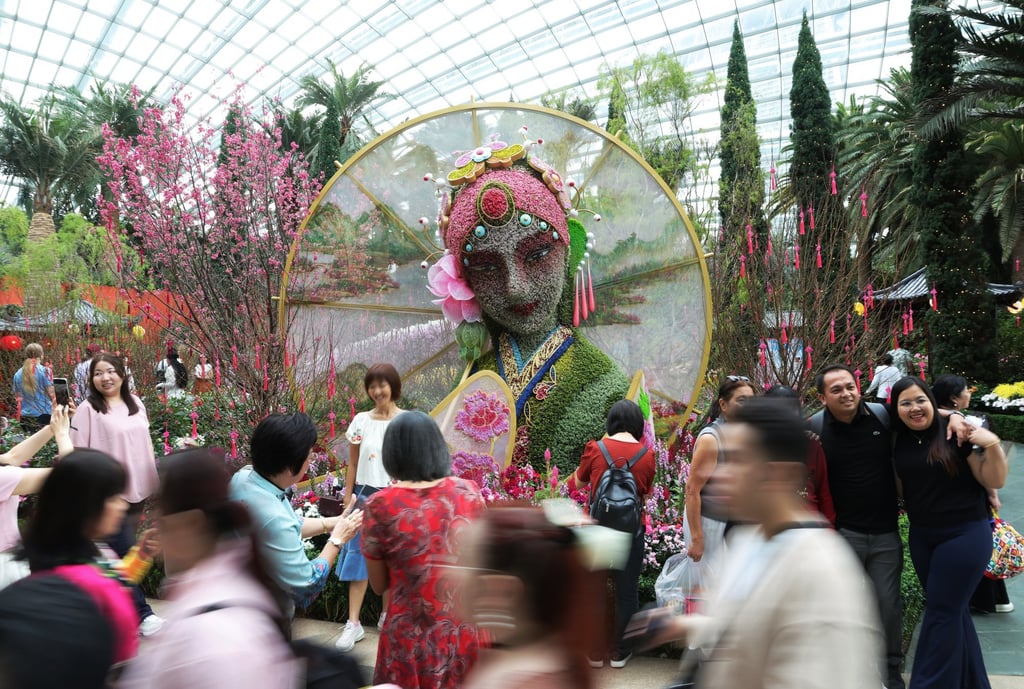 Visitors from different backgrounds pose for photos with a living floral sculpture of Madam White Snake, the centrepiece of Gardens by the Bay’s Lunar New Year display, in Singapore on January 24. It’s sometimes possible for speakers of Mandarin and Singlish to understand each other. Photo: EPA-EFE