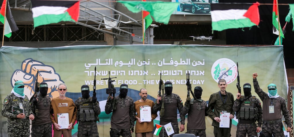 Hostages Or Levy, Eli Sharabi and Ohad Ben Ami, who were freed on Saturday. Photo: Reuters