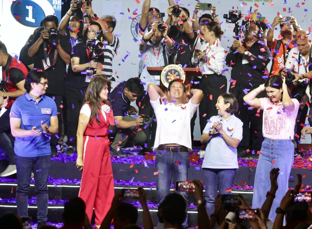 Philippine President Ferdinand Marcos Jnr (centre) reacts during a rally in Laoag City, Ilocos Norte, about 500km north of Manila, on Tuesday. Photo: EPA-EFE