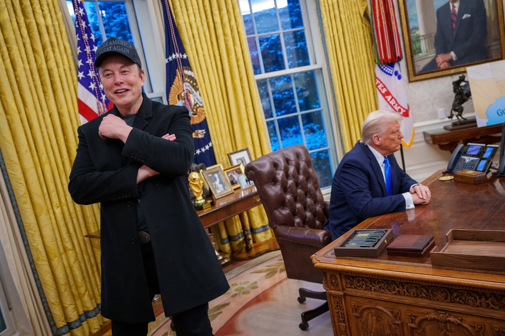 Elon Musk (left) and US President Donald Trump in the Oval Office at the White House on February 11. Musk has said that the US under Trump is “less interested in interfering with the affairs of other countries”. Photo: TNS