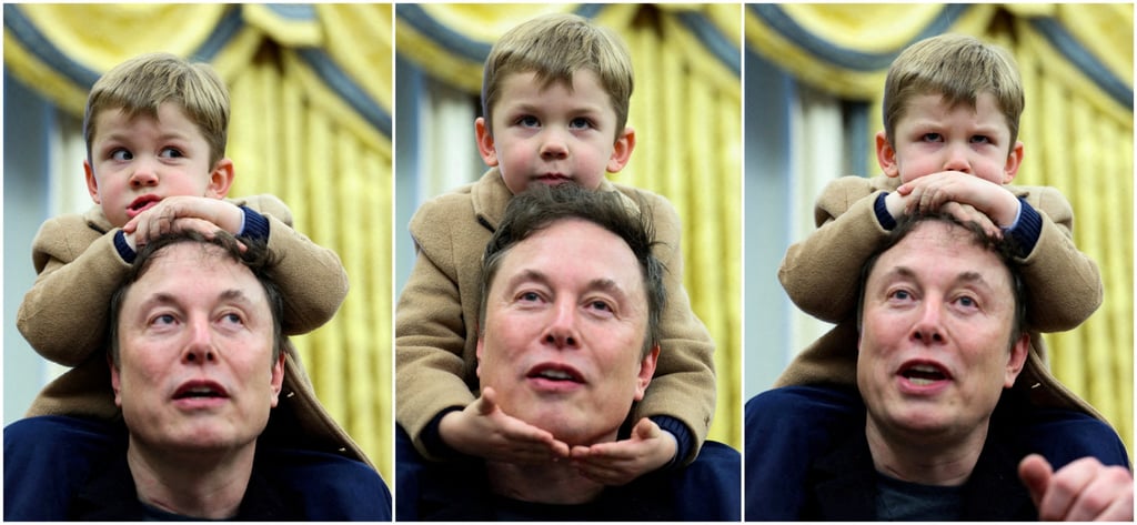 Elon Musk speaks as he carries his son, X Æ A-12 on his shoulders in the Oval Office of the White House on Tuesday. Photos: Reuters