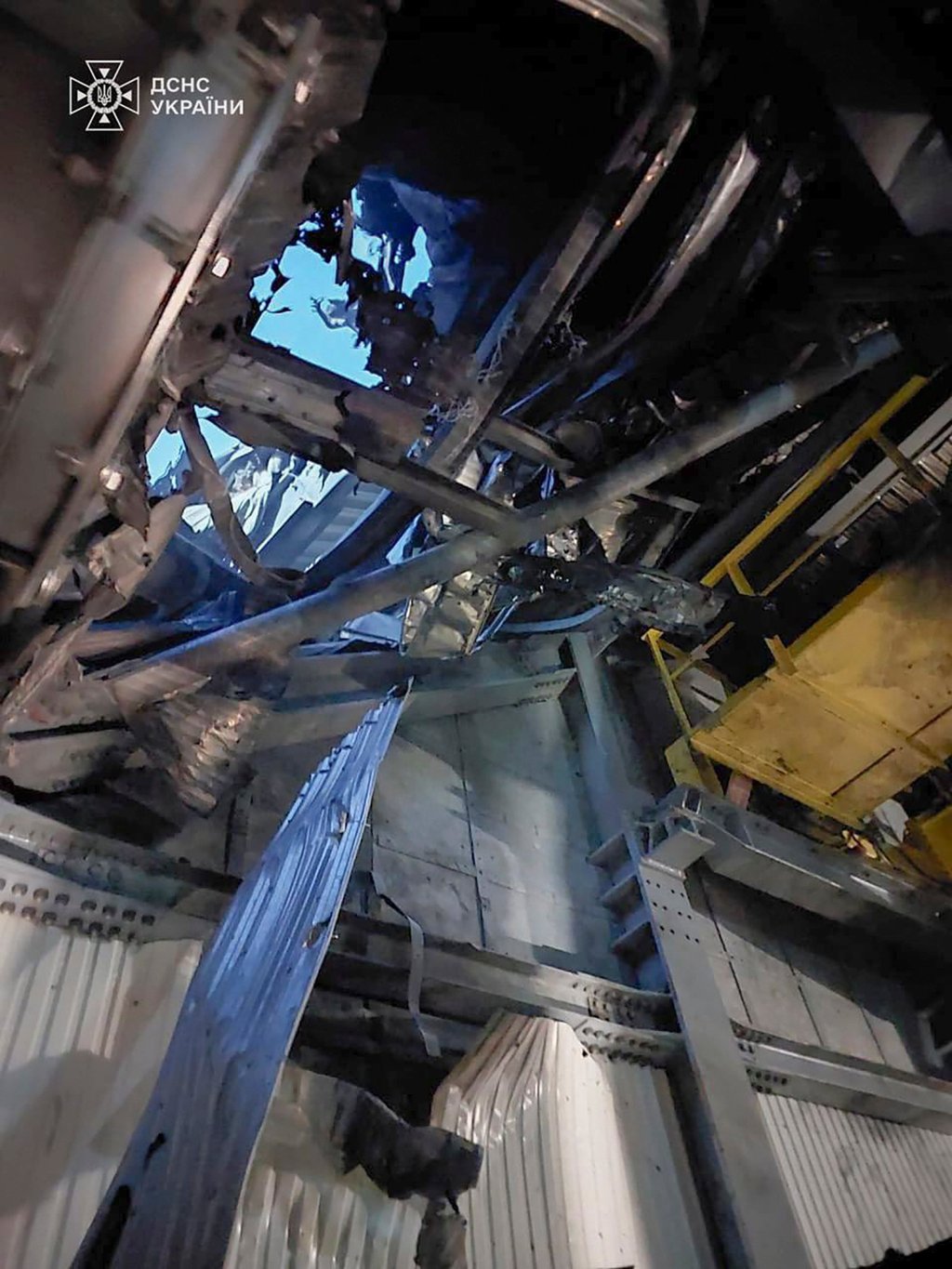 The damaged sarcophagus that covers the destroyed 4th reactor of the Chernobyl nuclear power plant is seen from inside following a Russian drone attack. Photo: Ukrainian Emergency Service via AP